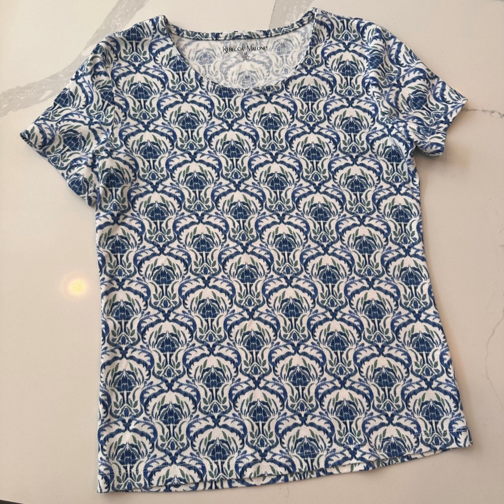 Rebecca Malone Womens Blue White Damask Print Short Sleeve Crew Neck Top Medium